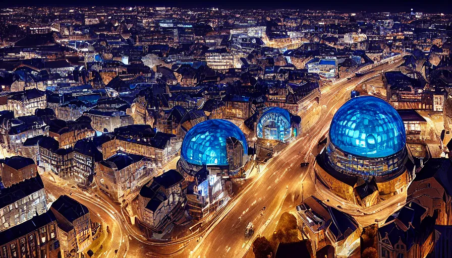 Prompt: liege, belgium at night with glass domes with blue lights, hyperdetailed, artstation, cgsociety, 8 k