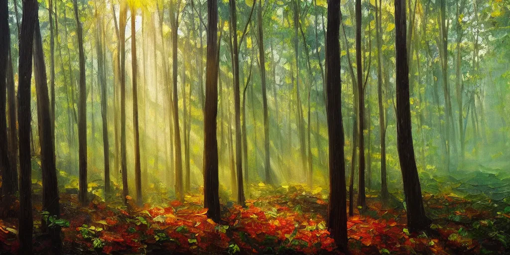 Prompt: An oil painting of an intensely beautiful forest in the morning with vertical trees; rays of light coming through the canopy; trending on artstation; extraordinary masterpiece!!!!!!