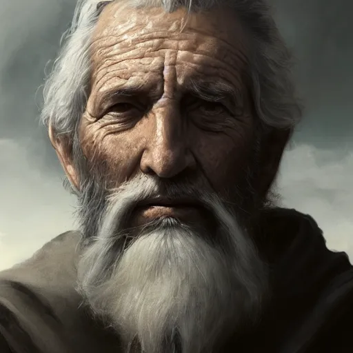 Image similar to portrait of an old man with long gray beard and a blind eye with a scar and him wearing a white cape with a hood on, Matte painting , detailed painting, made by Greg Rutkowski, 4k, atmospheric
