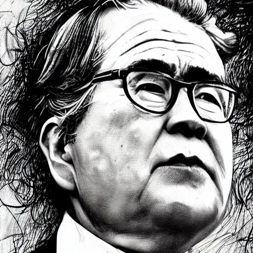 Image similar to Yoshitaka Amano realistic illustration of jeb bush ,hair fluttering in the wind, wrinkles on his face, abstract black and white patterns on the background, noisy film grain effect, highly detailed, Renaissance oil painting, weird portrait angle, blurred lost edges, three quarter view