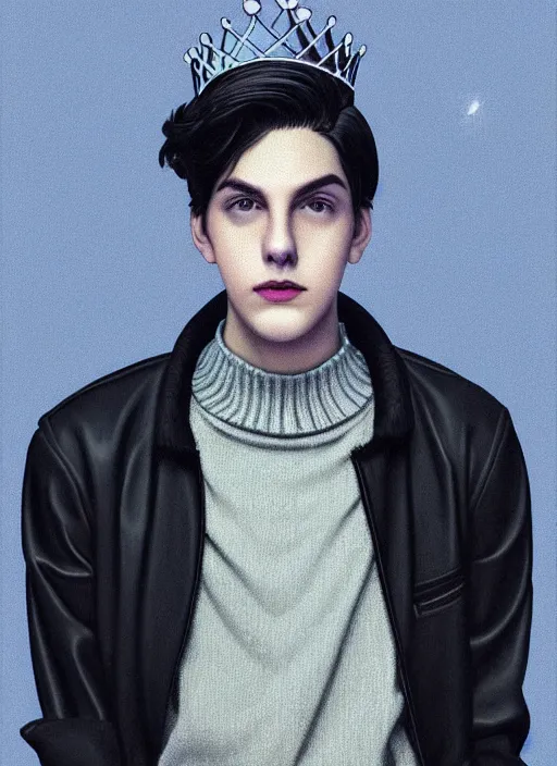 Image similar to portrait of teenage jughead jones wearing a light grey crown, crown, blue turtleneck, 1 9 5 0 s, closed eyes, photorealistic, black hair, glowing lighting, intricate, elegant, glowing lights, highly detailed, digital painting, artstation, concept art, smooth, sharp focus, illustration, art by wlop, mars ravelo and greg rutkowski