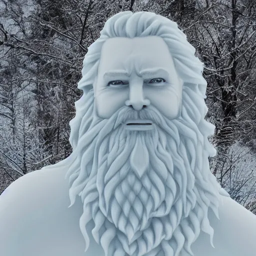 Image similar to a flawless, purely ice sculpture of a man with long hair, with trimmed beard, smiling widely. ice statue, extremely detailed, award-winning art, trending on Artstation