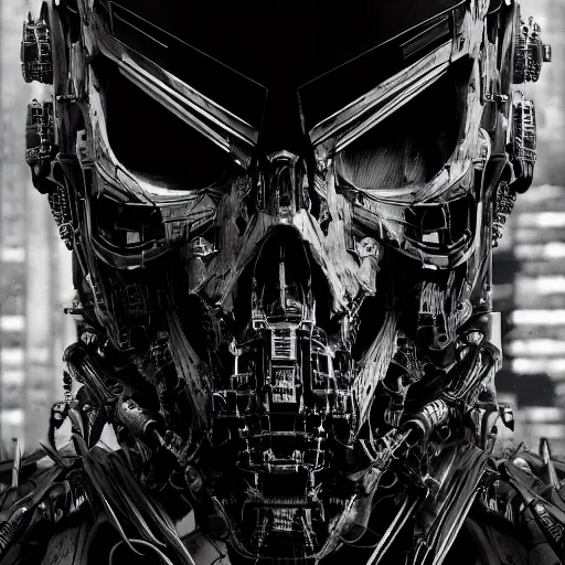 Prompt: black and white cyberpunk style dark bio metal skull, mecha hard-surface, cyberpunk, hyperrealistic, cinematic, unreal engine, 3D, 8K, imagined by Ash Thorp, Tsutomu Nihei, Ghost In The Shell, Akira