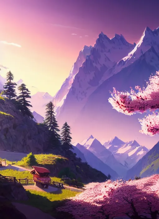 Image similar to a wholesome animation key shot, swiss alps peaks in the background, cherry blossoms in the foreground, studio ghibli, pixar and disney animation, sharp, rendered in unreal engine 5, anime key art by greg rutkowski, bloom, dramatic lighting