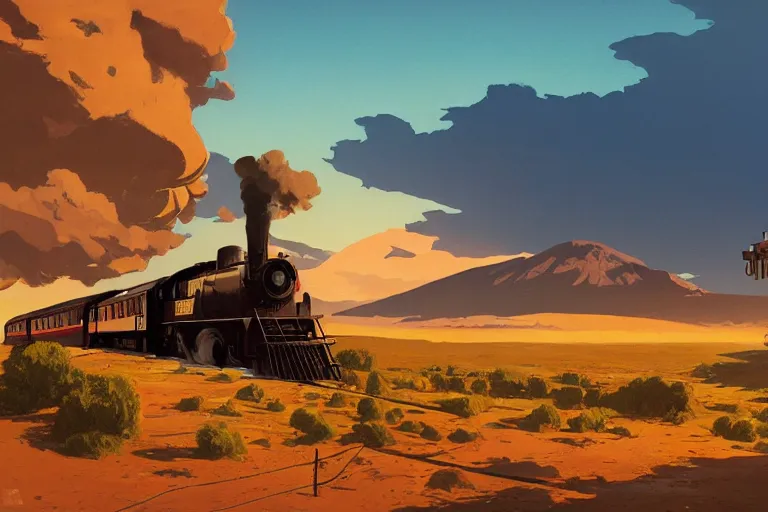 Image similar to idyllic old western train station illustration by syd mead, artstation, 4 k, graphic novel, concept art, matte painting, steam engine spewing billowy clouds of steam, beautiful mountain desert sunset background, golden hour