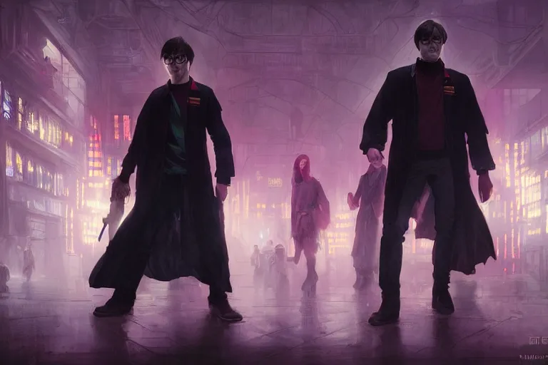 Image similar to Harry Potter in cyberpunk, neon lighting, figure in center, digital art from artstation by Ruan Jia and Mandy Jurgens and Artgerm and william-adolphe bouguereau and Greg Rutkowski and Wayne Barlowe