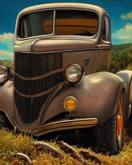Prompt: medium shot portrait of a prohibition era moonshiner with detailed features, dusty 1940 ford coupe in the backdrop, dutch camera view, dirt, Appalachian mountains, sharp focus, illustration, highly detailed, oil painting, matte, art by Greg Rutkowski and Alphonse Mucha, masterpiece