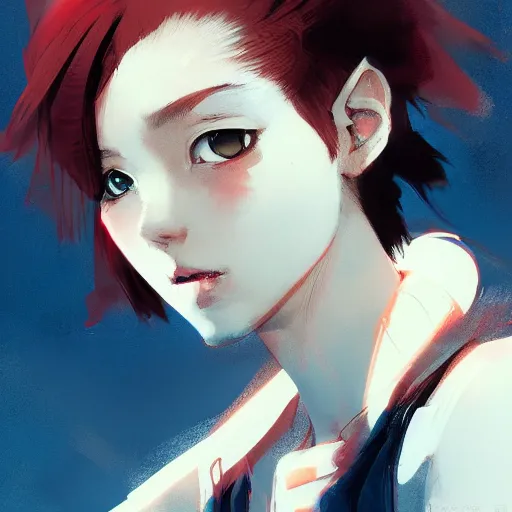 Image similar to portrait of a teen girl with short red hair, dramatic lighting, anime illustration by Alexis Franklin, Greg rutkowski, yoji shinkawa, 4k, digital art, concept art, trending on artstation, アニメ, featured on pixiv