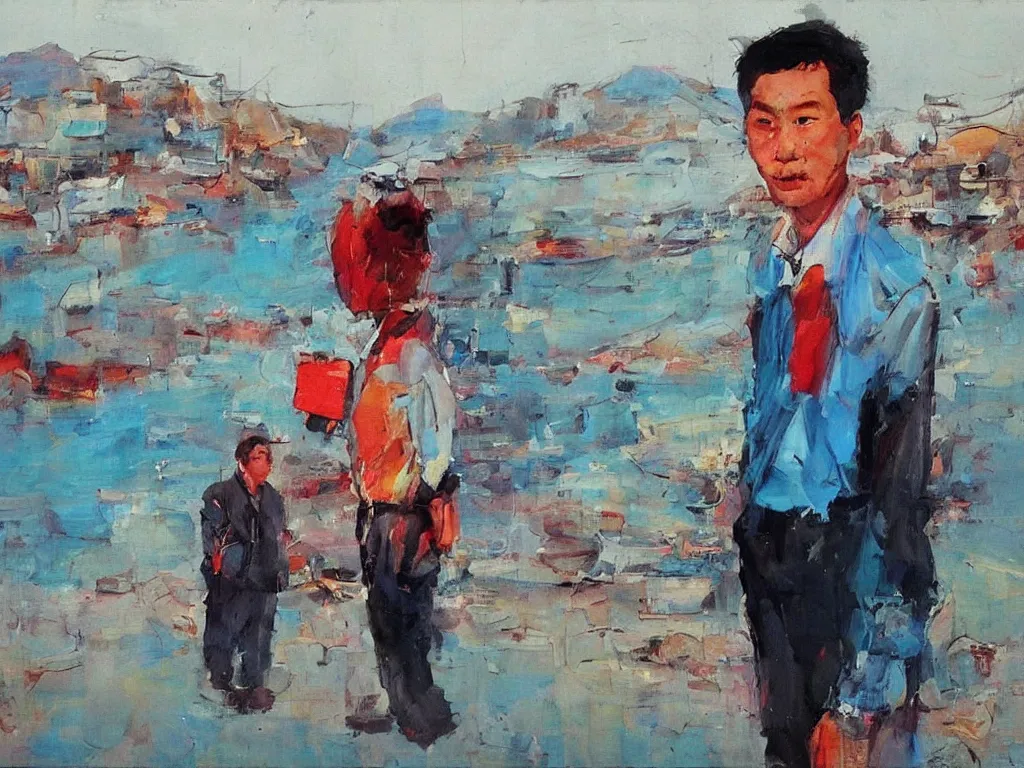 Prompt: ‘The Center of the World’ (Liu Xiaodong expressionist oil painting, large thick messy colorful brushstrokes, office worker with a red face next to a blue river and mountains) was filmed in Beijing in April 2013 depicting a white collar office worker. A man in his early thirties – the first single-child-generation in China. Representing a new image of an idealized urban successful booming China.