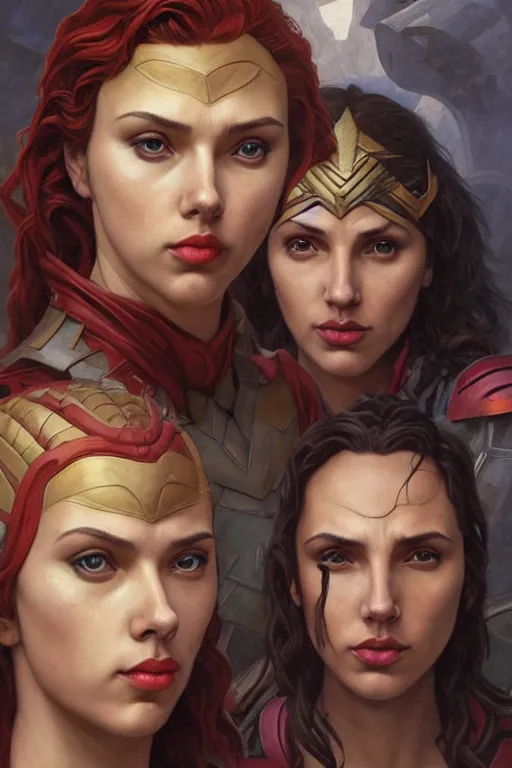 Prompt: A fantasy comic book style Oil Painting portrait of hybrid Scarlett Johansson and Gal Gadot, as Atlantean Reptilian Warriors, Mystical Valkyrie, unreal 5, DAZ, hyperrealistic, octane render, Regal, Refined, Detailed Digital Art, RPG portrait, William-Adolphe Bouguereau, Michael Cheval, Walt Disney (1937), François Boucher, Steampunk, Josephine wall, dynamic lighting, Highly Detailed, Cinematic Lighting, Unreal Engine, 8k, HD