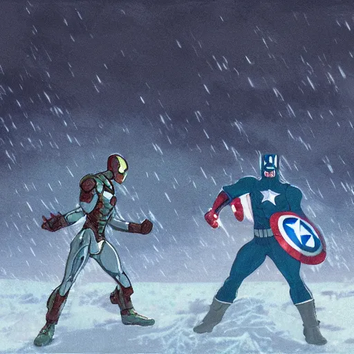 Image similar to portrait of iron man fighting captain america in a snowy tundra, stormy weather and lightning, illustration concept art of miyazaki studio ghibli