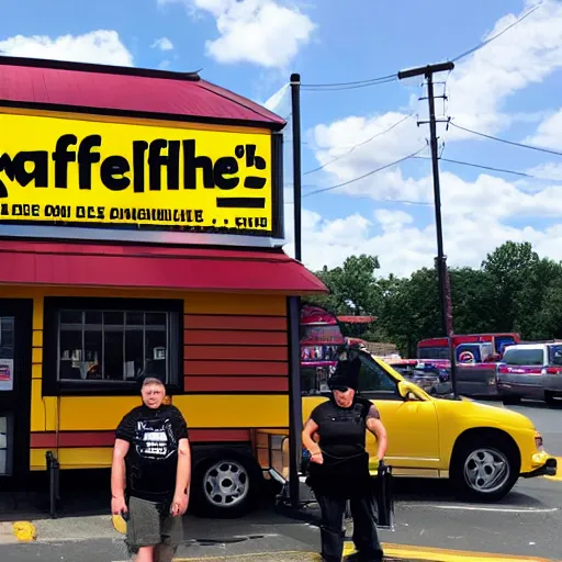 Image similar to wafflehouse employee's standing below wafflehouse sign