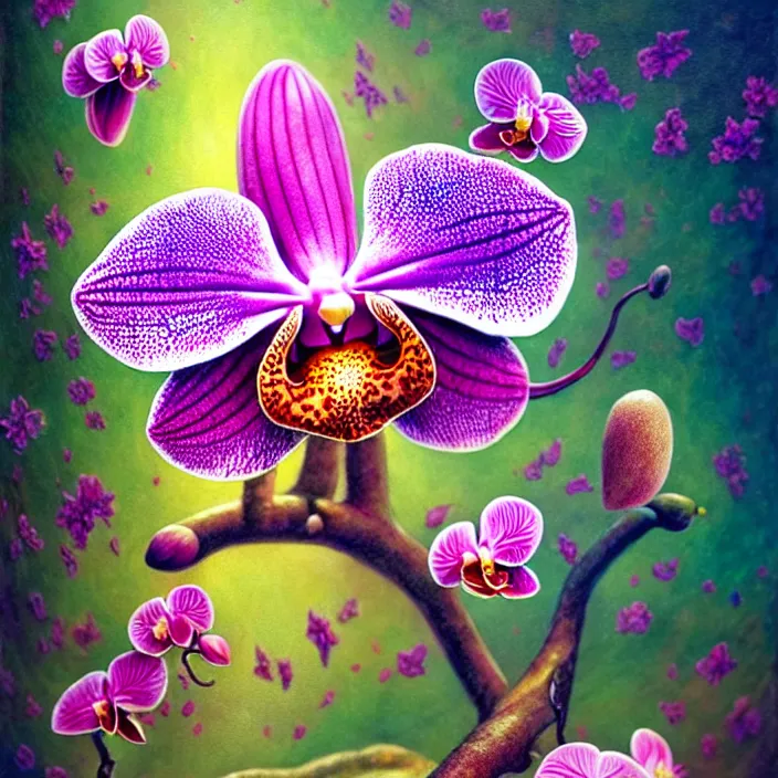 Image similar to extremely psychedelic macro orchid and cherry blossom and musroom, DoF, LSD, diffuse lighting, fantasy, intricate, elegant, highly detailed, lifelike, photorealistic, digital painting, artstation, illustration, concept art, smooth, sharp focus, art by John Collier and Albert Aublet and Krenz Cushart and Artem Demura and Alphonse Mucha