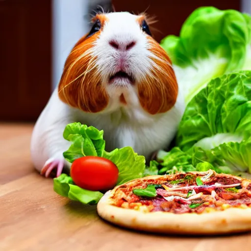 Image similar to a guinea pig looking excited with a lettuce pizza in front of them