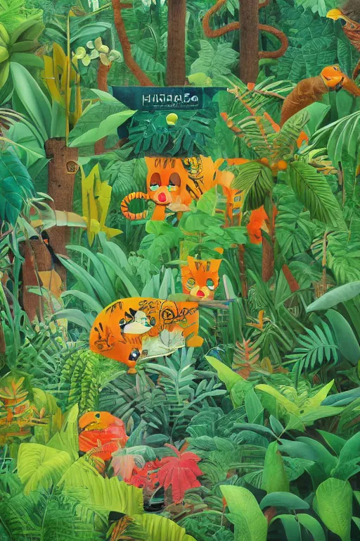 Image similar to rare bird in the jungle, highly detailed, unreal engine render concept art, style of henri rousseau and richard scarry and hiroshi yoshida and mimmo rotella