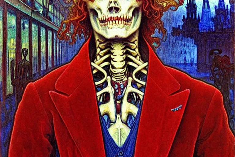 Image similar to realistic detailed closeup portrait painting of a single skeleton wearing red velvet blazer in a crowded futuristic moscow street by Jean Delville, Amano, Yves Tanguy, Alphonse Mucha, Ernst Haeckel, Ilya Repin, Edward Robert Hughes, Andrei Tarkovsky, Roger Dean, rich moody colours, blue eyes