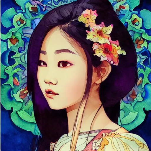 Image similar to Watercolor painting style, beautiful Thai girl by kittichai rueangchaichan, floralpunk, Artstation, art nouveau aesthetic, Alphonse Mucha background, intricate details, photo realistic, dramatic