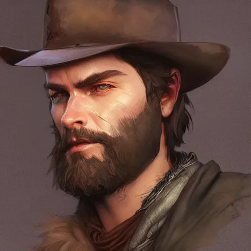 Image similar to bearded gunslinger, painted fantasy character portrait, headshot, fantasy, highly detailed, digital painting, artstation, concept art, sharp focus, illustration, art by artgerm and greg rutkowski and alphonse mucha