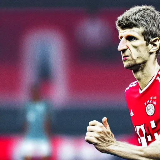 Prompt: Caricature but as 4k photography. thomas muller is a bum in the streets of berlin, looking at the ground, sad.