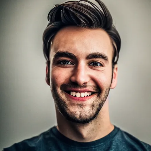 Prompt: close up photo of handsome smiling man with glowing eyes