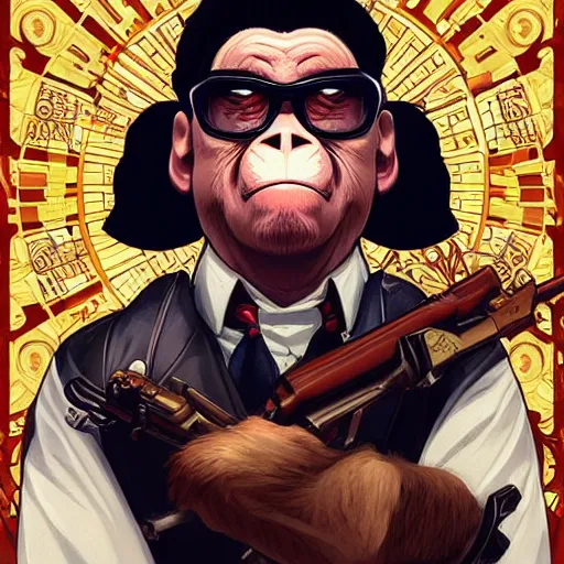 Image similar to [Monkey as president of Banana as GTA character, propaganda!, closeup, D&D, intricate, elegant, highly detailed, digital painting, artstation, concept art, matte, sharp focus, illustration, art by Artgerm and Greg Rutkowski and Alphonse Mucha and Enki Bilal]