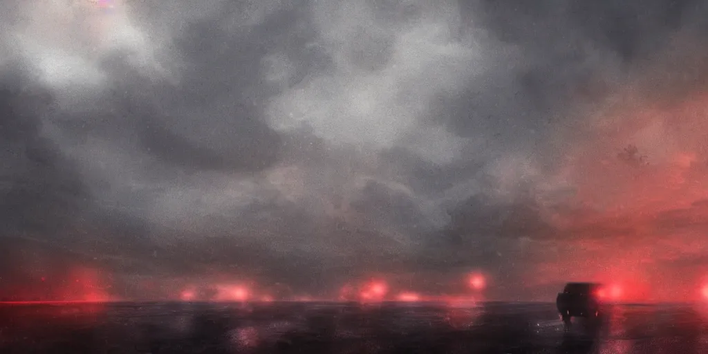 Prompt: sad singularity silhouette, octane renderer, stormy weather, atmospheric establishing shot, rain, night, film grain, cinematic render, end of the world, environment art trending on ArtStation, ultra detailed technological city, red smoke, volumetric fog