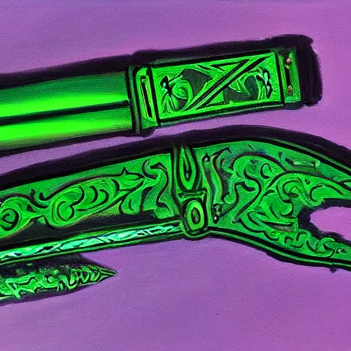 Image similar to Oil painting concept art of a magical acid sword glowing bright green, very intricate hilt, green color scheme, highly detailed concept art.