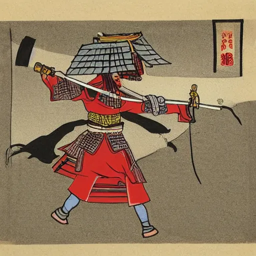 Prompt: samurai with helmet and sword in fighting position, asian styled house in background