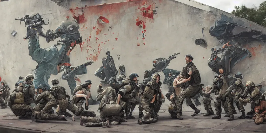 Prompt: street art mural of a military police arresting protestors by Peter Mohrbacher, James Jean, Craig Mullins, Ross Tran, Hiroshi Yoshida, Mark Simonetti