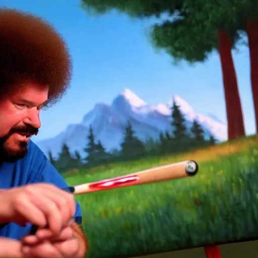 Image similar to a closeup photorealistic photograph of bob ross working on an image of kenny powers autographing a baseball on a canvas. mountains and trees. film still. brightly lit scene. this 4 k hd image is trending on artstation, featured on behance, well - rendered, extra crisp, features intricate detail, epic composition and the style of unreal engine.