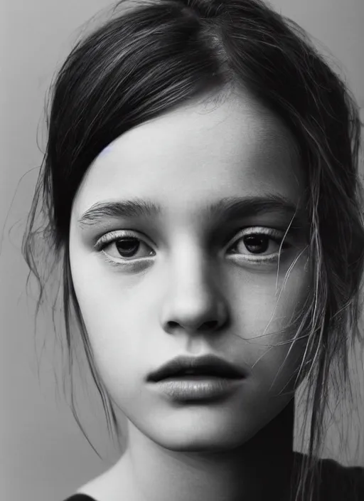 Prompt: close - up portrait of beautiful young girl, gray background, art by peter lindbergh