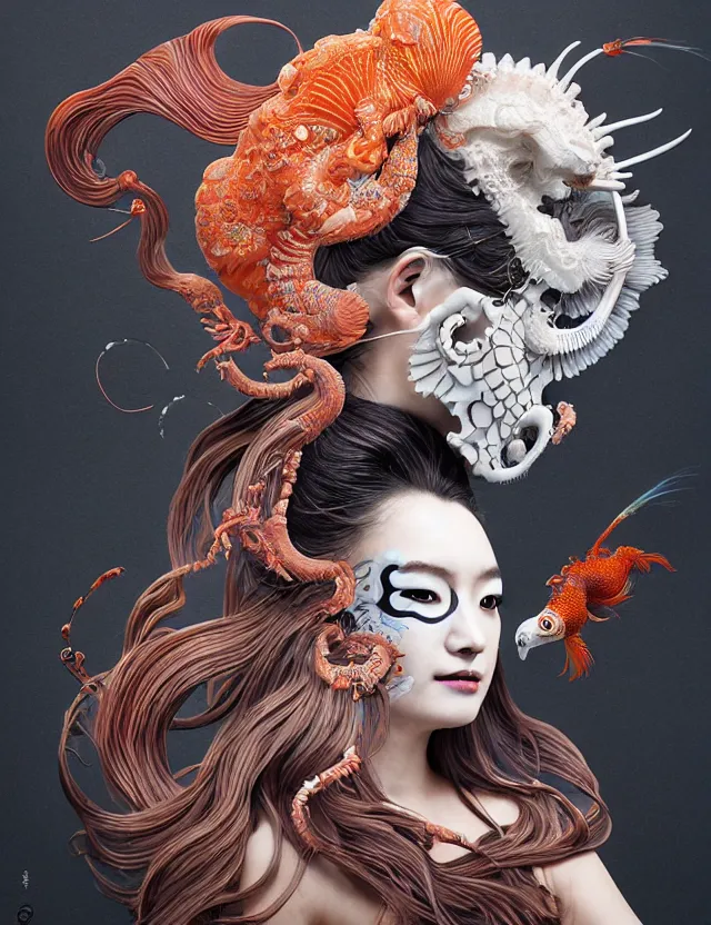 Image similar to 3 d goddess half - turn portrait with ram skull. beautiful intricately detailed japanese crow kitsune mask and clasical japanese kimono. betta fish, jellyfish phoenix, bio luminescent, plasma, ice, water, wind, creature, artwork by tooth wu and wlop and beeple and greg rutkowski