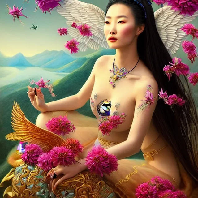 Prompt: beautiful 3 d portrait of a mongolian queen goddess in a sensual pose covered with flowers, princess spreading it's wings like an angel, sexy face with full makeup, intricate, volumetric lighting, beautiful, rich deep colours masterpiece, sharp focus, ultra detailed, in the art style of bowater, charlie, brom, gerald, with lake baikal in the background