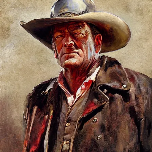 Image similar to Solomon Joseph Solomon and Richard Schmid and Jeremy Lipking victorian genre painting portrait painting of John Wayne a old rugged cowboys gunfighter old west character in fantasy costume, red background