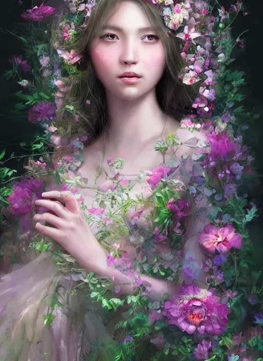 Image similar to a gorgeous flower princess portrait by WLOP, digital painting, beautiful lighting, mystical, detailed flowers, 🌺 cgsociety