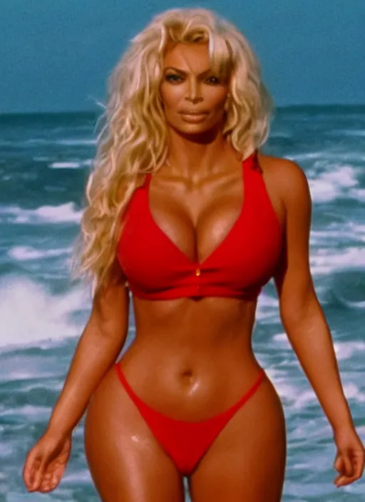 Prompt: a film still of kim kardashian as pamela anderson in baywatch. cinematic.