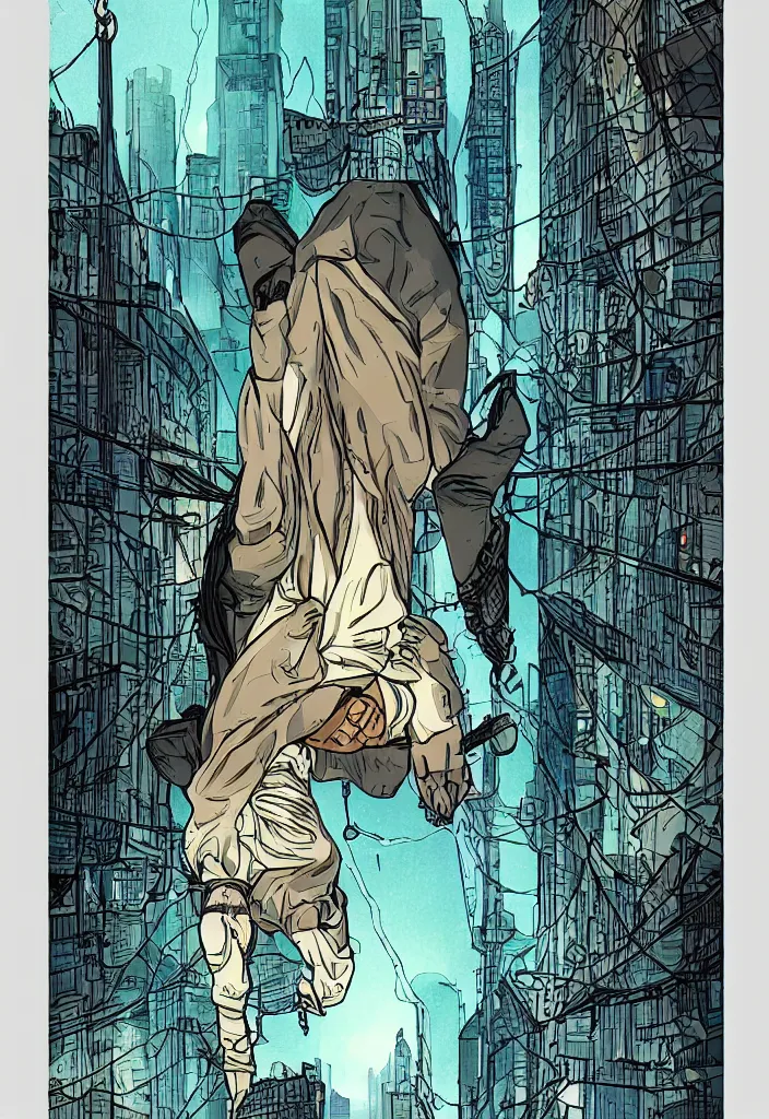 Prompt: the hanged man tarot card in a cyberpunk style