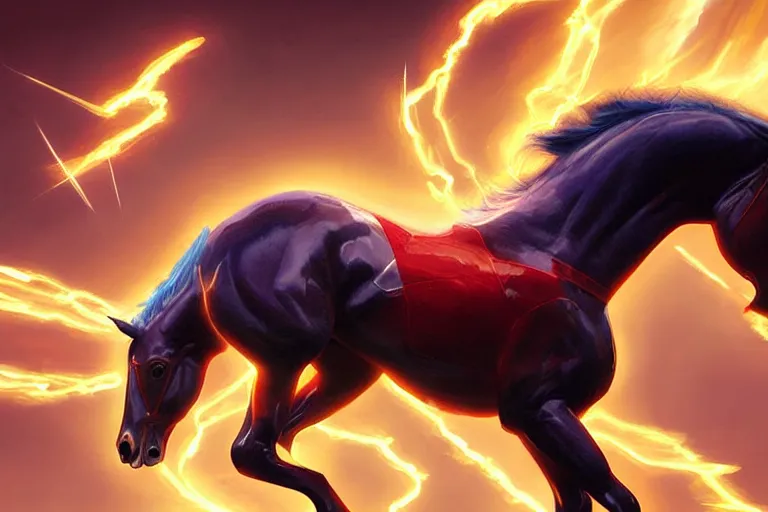 Image similar to a stunning digital painting of a horse as the flash in spandex costume, running in the speedforce by greg rutkowski, volumetric light, digital art, fine detail, photorealistic