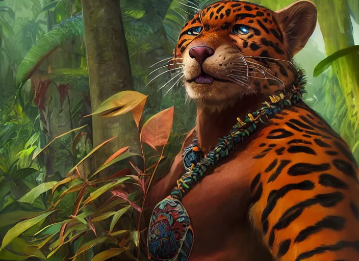 Image similar to character portrait feature of the anthro male anthropomorphic jungle cat jaguar fursona animal person wearing shaman tribal outfit robes belt standing in the amazon rainforest two legs, character design stylized by charlie bowater, ross tran, artgerm, makoto shinkai, detailed, soft lighting, rendered in octane