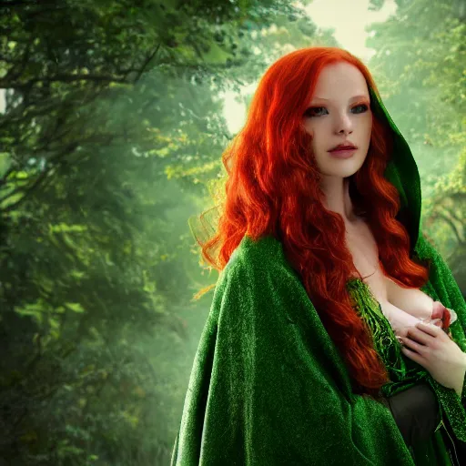 Image similar to a beautiful redheaded dnd sorceress wearing a green cloak, high resolution film still, 8k, HDR colors