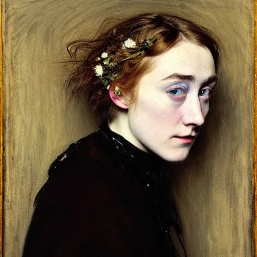 Image similar to a true-to-life portrait of Saoirse Ronan painted by John Everett Millais, real-life accurate, photoshoot