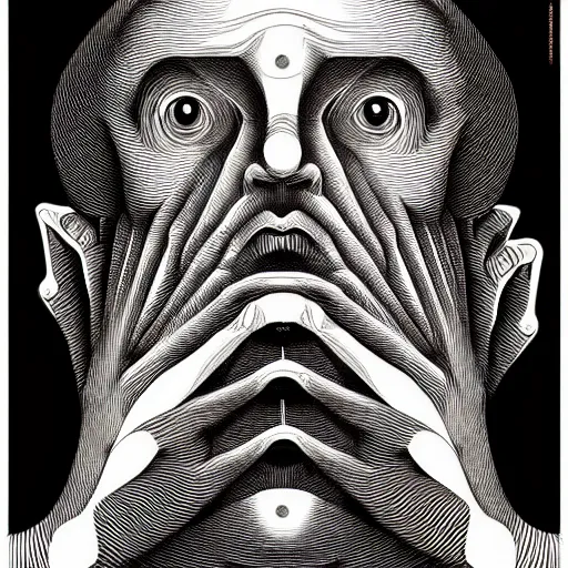 Prompt: grainy effect conceptual figurative post - morden monumental abstract portrait made by escher and piranesi, highly conceptual figurative art, intricate detailed illustration, illustration sharp geometrical detail, vector sharp graphic, controversial poster art, polish poster art