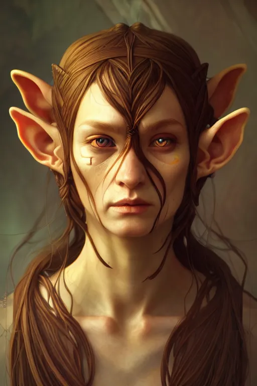 Image similar to portrait of an elf - goblin crossbreed using the golden ratio, highly detailed, digital painting, artstation, sharp focus, illustration, art by tan zi and ayanamikodon and alphonse mucha and wlop