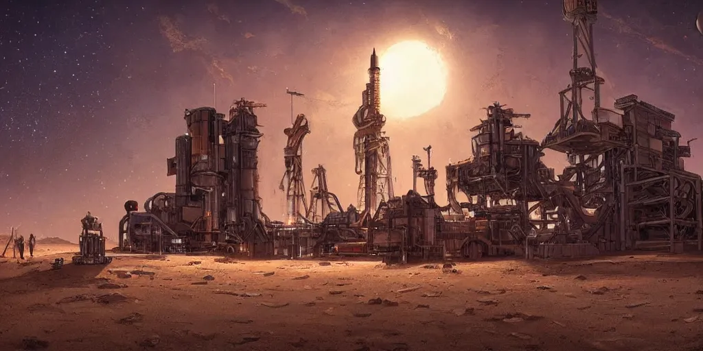 Image similar to anime spaceport rocket launch site in desert steampunk key by greg rutkowski night ultrahd fantastic details