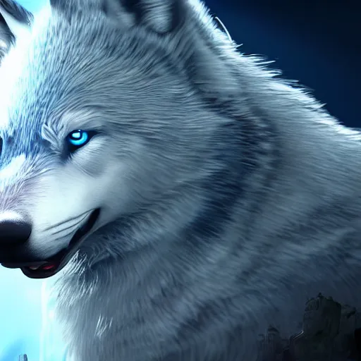 Image similar to a giant blue wolf with a white main and two unicorn horns, a white star shape on his forehead, yellow eyes, beautiful, ultra realistic, great wolf, unreal engine 5, dynamic lighting, highly detailed, lightning around