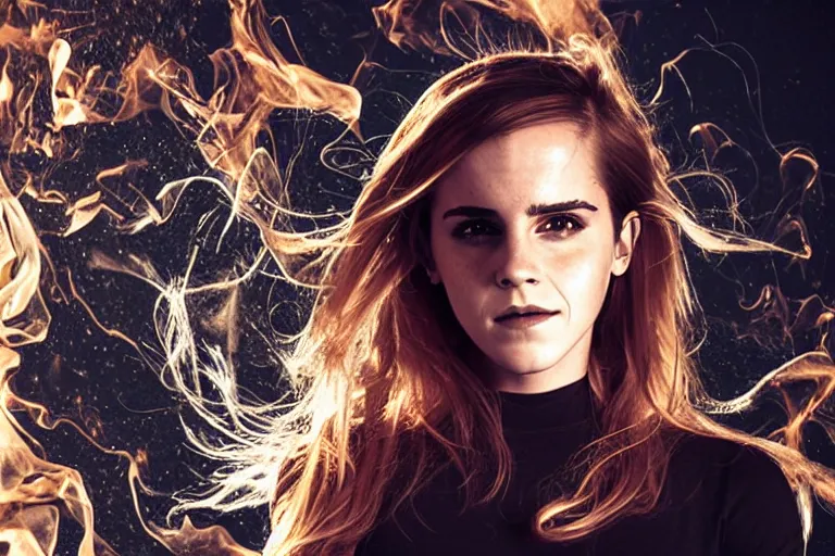 Prompt: emma watson as a heavy metal singer, stage lights, smoke, flames, medium shot