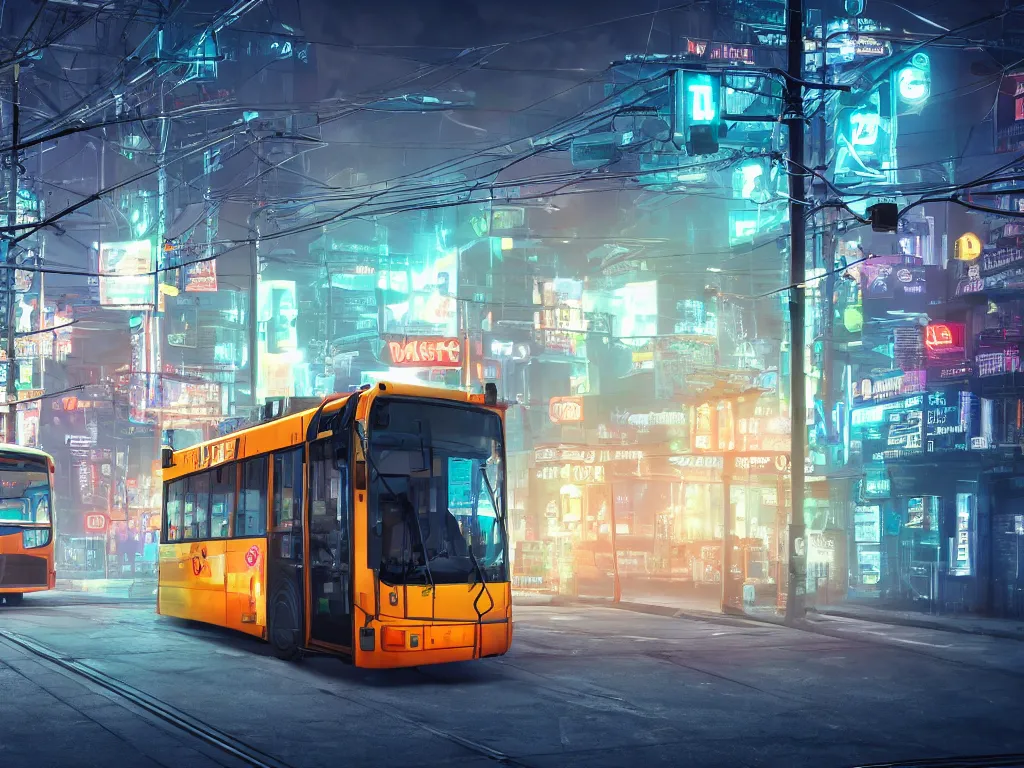 Image similar to trolleybus stands at a stop, headlights shine with neon light, atmospheric, futuristic, cyberpunk, ray tracing global illumination, 8 k resolution, ultra detailed