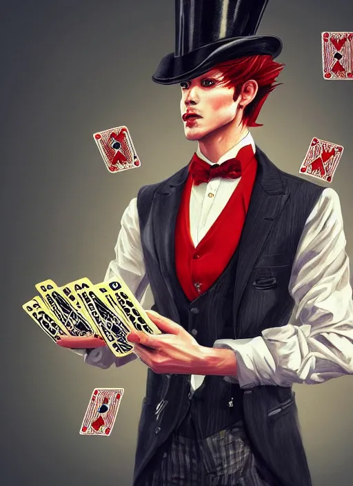 Image similar to a highly detailed illustration of stylish top hat wearing red haired attractive man, wearing suit vest, flashy leaning back holding playing cards pose, intricate, elegant, highly detailed, centered, digital painting, artstation, concept art, smooth, sharp focus, league of legends concept art, WLOP