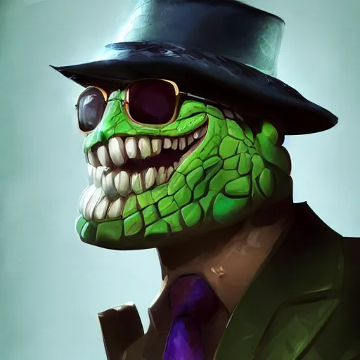 Image similar to Reptile detective, trenchoat and hat, league of legends character, close up, digital art, trending on ArtStation