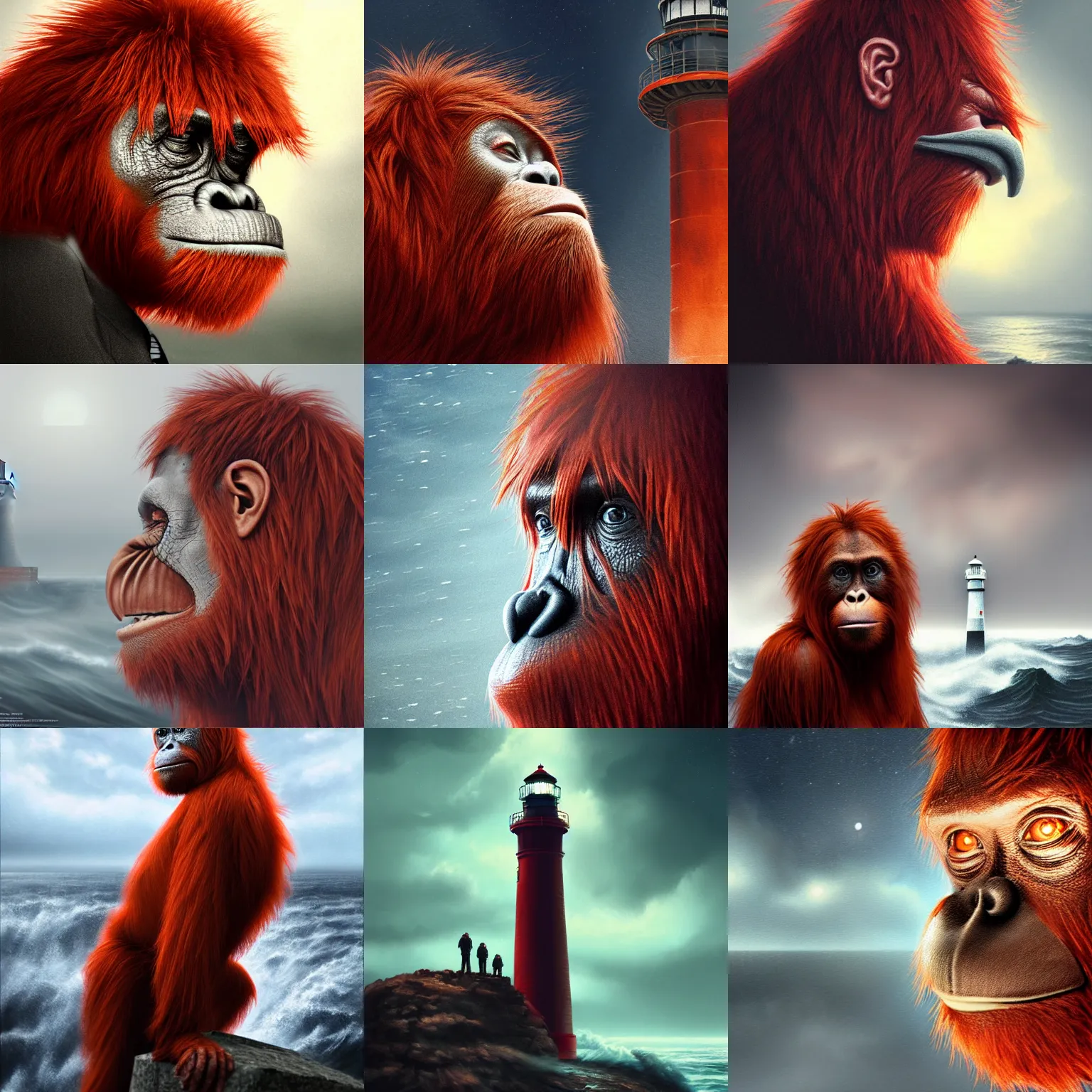 Prompt: realistic portrait red orangutan as fbi agent stand on top of lighthouse, stormy sea, night, storm, artstation trends, sci fi concept art, highly detailed, intricate, sharp focus, digital art, 8 k